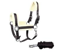 JA Horse JA4007 - Juego de cabestro de piel sintética con gancho de pánico y ajuste de 3 posiciones, incluye cuerda de guía, suave acolchado y correa de barbilla ajustable (negro, pony)