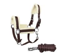 JA Horse JA4007 - Juego de cabestro de piel sintética con gancho de pánico y ajuste de 3 posiciones, incluye cuerda de guía, suave acolchado y correa de barbilla ajustable (marrón oscuro, pony)