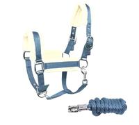 JA Horse JA4007 - Juego de cabestro de piel sintética con gancho de pánico y ajuste de 3 posiciones, incluye cuerda de guía, suave acolchado y correa de barbilla ajustable (balu claro, pony)