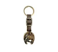 JA Horse Llavero de piel, cobre, herradura, caballo, jinete, letra A-Z, fabricado en Europa, Cabeza de caballo de herradura de bronce, 10 cm