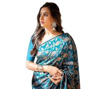 Jaanvi fashion Sari de trabajo de seda Banarasi con jacquard Zari para mujer con blusa sin costuras, azul petróleo, talla única