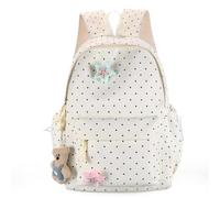 JABALUX Mochila de nailon Wave Point con colgante, beige, Como se muestra | Parches de estrella, múltiples compartimentos, tirantes ajustables, para escuela y ocio, material de nailon