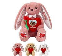 JABECODIFA Peluche De Conejo Personalizado con Corazón, Stuffed Bunny Animal De Peluche con Texto E Imagen como Regalo San Valentín Y Primer Regalo Pascua, 25cm