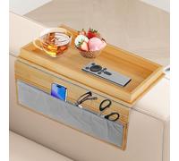 JABNOW Bandeja para Sofá de Bambú Organizador de Reposabrazos Plegable con Bolsillo Lateral, Organizador de Mandos para Bebidas y Aperitivos, Posavasos para Reposabrazos -Base Antideslizante