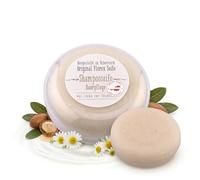 Jabón de champú redondo de 100 g, en lata - Jabón sólido para el cabello con leche de oveja orgánica, aceite de argán, extracto de manzanilla, glicerina y lanolina - Fabricado en Austria, sin