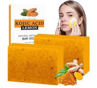 Jabón de cúrcuma vegano, jabón de ducha Kojic Acid Soap para rostro y cuerpo, barra de jabón de limón turmerico con vitamina C, jabón de cúrcuma hidratante con cepillo de limpieza de silicona