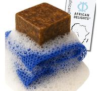 Jabón negro africano con esponja exfoliante, red de baño africana 2 en 1 de limpieza profunda y jabón negro natural de Ghana para una piel suave y brillante