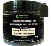 Jabón negro exfoliante 430 g + guante exfoliante de Kessa, aceite de oliva 100% natural, Hammam y spa, aceite de oliva puro 100% tradicional, Maroc Glam