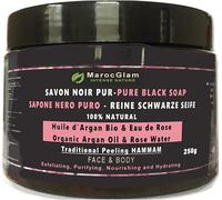 Jabón negro exfoliante de 250 g + guante kessa de aceite de argán orgánico y agua de rosa pura, exfoliante tradicional 100% natural, cuerpo y cara purificadora Marruecos GLAM