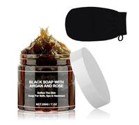 Jabón Negro Marruecos con Argán y Rosa,Morocco Black Soap con Guante Exfoliante,100% Jabón Negro Marroquí Orgánico,Nutre e Hidrata,Limpia Profundamente y Mantiene el Estado Natural de la Piel,200g