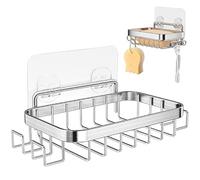 Jabonera Baño Adhesiva de Acero Inoxidable Con 4 Ganchos, Cuadrada de Pared Sin Agujeros, Metálica Con Drenaje, Autoadhesiva de Apoyo Para Ducha, Baño, Cocina, Fregadero