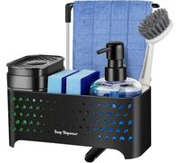 Jabonera Cocina Negro 5 en 1, Organizador de Fregadero Negro con Bandeja y Soporte para Esponja, detergente Recargable，Dispensadores de Bomba de jabón y Porta esponjas