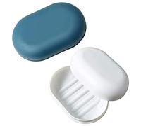 Jabonera con Tapa, 2 jaboneras, jabonera de Viaje, jabonera de Ducha portátil, Apta para baño, Viaje, Camping(Azul Oscuro + Blanco)