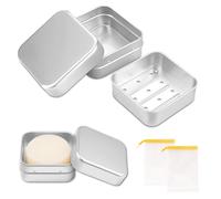 Jabonera de aluminio, 2 unidades, con rejilla de goteo, para viajes, resistente al agua, pequeña, caja de jabón con bolsa de jabón, almacenamiento de champú sólido para casa o de viaje