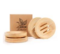 Jabonera de bambú para barra de jabón en ducha, 4 unidades, soportes redondos de madera, bandeja autodrenante para soporte de barras de champú y acondicionador, estuche de ahorro de jabón de viaje