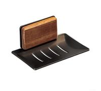 Jabonera de baño, jabonera de nogal montada en la pared, sin taladrar, madera natural, elegante y funcional para otros baños (nogal + negro)