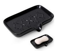 Jabonera de cerámica con drenaje, soporte cuadrado negro autodrenante con bordes antideslizantes, bandeja de jabón de baño moderna para fregadero, ducha y cocina, mantiene el jabón seco, fácil de