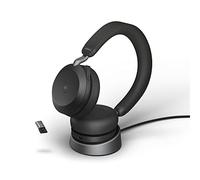 Jabra Evolve2 75-Auriculares Estéreo Inalámbricos con Estación de Carga, 8 Micrófonos, Doble Espuma y Cancelación de Ruido Activa-Adaptador Bluetooth USB-A-Compatible con MS Teams-Negro