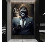 JACBON Pósteres de animales modernos de gorila en traje de negocios fumando en alta definición, cuadros en lienzo e impresiones para la decoración del hogar de la sala de estar, 30 x 40 cm, sin marco