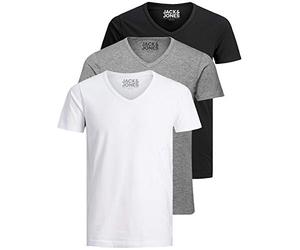 Jack and Jones - Camiseta básica para hombre, cuello de pico, paquete de 3 unidades, color liso, corte ajustado, en blanco, negro, azul y gris, M