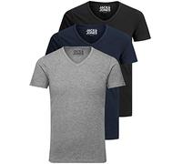 Jack and Jones - Camiseta básica para hombre, cuello en V, 3 unidades, color liso, corte ajustado, en blanco, negro, azul, gris, Color Mix 3, XXL