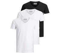 JACK & JONES Camiseta básica para hombre, cuello de pico, paquete de 3 unidades, color liso, corte ajustado, en blanco, negro, azul y gris, S