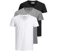 JACK & JONES Camiseta básica para hombre, cuello de pico, paquete de 3 unidades, color liso, corte ajustado, en blanco, negro, azul y gris, XL