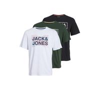 JACK & JONES Camiseta Hombre Pack de 3 - Manga Corta, Cuello Redondo, 100% Algodón, Básica y Casual, Diseño Estampado, Negro/Verde/Blanco