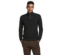 JACK & JONES Jjeemil Knit Half Zip Color Liso, Punto Fino, Manga Larga, Troyer, algodón, Negro, XS para Hombre