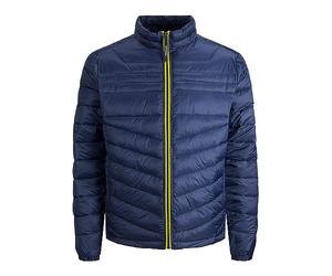 Jack & Jones JJEHERO Puffer Collar Noos Chaqueta, Navy Blazer/Detalle: Safety Yellow Contrast Zip, L, Chaqueta azul marino/detalles: cremallera de contraste amarillo seguro, L