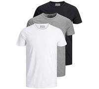 JACK & JONES Pack de 3 camisetas básicas para hombre con cuello redondo monocolor, corte ajustado, en blanco, negro, azul, gris, 12167630, XL