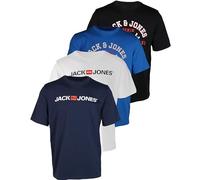 JACK & JONES Pack de 4 camisetas para hombre con estampado de algodón, diferentes logotipos, 4 unidades (1 negro, 1 blanco, 1 azul francés, 1 chaqueta azul marina), M