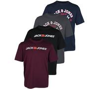 JACK & JONES Pack de 4 camisetas para hombre con estampado de algodón, diferentes logotipos, 4 unidades (1 negro, 1 puerto real, 1 chaqueta azul marino, 1 asfalto), M