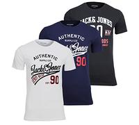 JACK & JONES Paquete de 3 camisetas clásicas para hombre con logotipo impreso, L