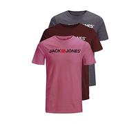 JACK & JONES Paquete de 3 Camisetas para Hombre, Dark Grey Melange/Port Royale/Hawthorne Rose, S (EU)