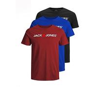 JACK & JONES Paquete de 3 Camisetas para Hombre, Negro/Surf The Web/Dahlia Roja, S (EU)