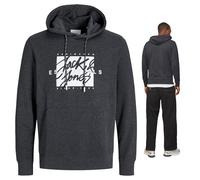 JACK & JONES Sudadera con Capucha Hombre - Hoodie Estampado, Bolsillo Canguro, Algodón y Poliéster, Casual y Deportiva, Negro/Gris/Azul