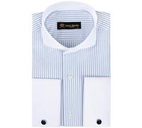 Jack Martin London Camisas de hombre con puños franceses y cuello de tiburón | Incluye gemelos | Elegante camisa de vestir de manga larga para hombre, azul a rayas, M