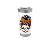Jack O Lantern Face desordenado moño pelo estética mamá Halloween Vaso térmico de acero inoxidable de doble pared