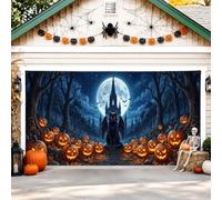 Jack-o'-Lanterns - Cubierta para puerta de cochera, diseño gótico espeluznante de luna llena, gato, Halloween, naranja, decoración del hogar, patio, exterior, interior, fiesta, telón de fondo de 157 x