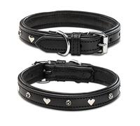Jack & Russell Collar para perro de cuero genuino de doble capa, negro con aplicaciones de corazón y flor, tamaño S (26.0-36.0)