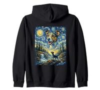Jack Russell Perro Luna Aullando Noche Estrellada Estilo Van Gogh Sudadera con Capucha
