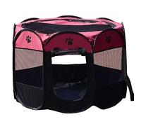 Jackanna Parque portátil para cachorros y gatitos para gatos y perros pequeños, tienda de campaña plegable con jaula, en la parte superior con cremallera, para animales pequeños (rosa con negro)