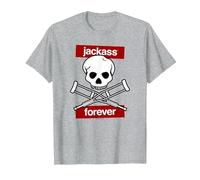 Jackass Forever Red Skull and Crutches Warning Logo Camiseta, Hombre, Gris Jaspeado, M