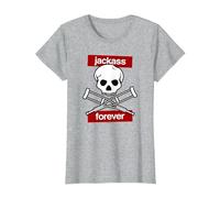 Jackass Forever Red Skull and Crutches Warning Logo Camiseta, Mujer, Gris Jaspeado, XL