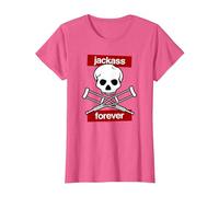 Jackass Forever Red Skull and Crutches Warning Logo Camiseta, Mujer, Rosa Jaspeado, XS
