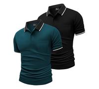 JACKETOWN 2 Pack Polos Hombre Manga Corta con Bolsillo Polo de Trabajo Transpirable de Secado Rápido Golf Hombre Camisa de Verano Slim Fit Camiseta Básica de Tenis(Turquesa Negro L)