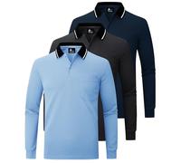 JACKETOWN Polo para Hombre Paquete de 3 Polo Manga Larga Camiseta de Golf Trabajo Transpirable T Shirt con Bolsillo Primavera Otoño Camiseta Senderismo Pesca,Gris Oscuro Azul Marino Azul Luna,M