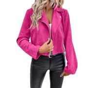 Jackets For Women Cropped Faux Suede Zip Front Lapel Long Sleeve Casual (Dark Pink,XXL)