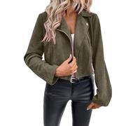 Jackets For Women Cropped Faux Suede Zip Front Lapel Long Sleeve Casual (Green,L)